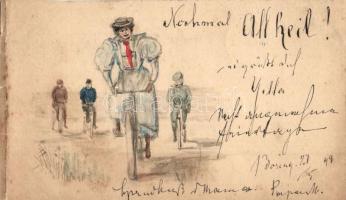 1898 Nochmal All Heil!, Radfahrer / kézzel rajzolt biciklis üdvözlőlap / hand-drawn greeting card with cyclist lady, 2 Kr Ga. (b)
