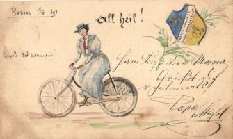 1898 All Heil!, Radfahrer / kézzel rajzolt biciklis üdvözlőlap, Nagyszombati kerékpáregyesület, címer / hand-drawn greeting card with cyclist lady, Trnava bicycle club, coat of arms, 2 Kr Ga. (EK)