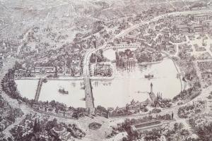 cca 1896 Az ezredéves kiállítás madártávlati képe, a Pallas Nagy Lexikona műmelléklete, paszpartuban...