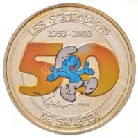 Belgium 2008. 5E Ag "50 évesek a Hupikék Törpikék" eredeti dísztokban, belga, francia, német, angol és magyar nyelvű tanúsítvánnyal T:PP Belgium 2008. 5 Euro Ag "50th Anniversaty of The Smurfs" in original case, with Belgian, French, German, English and Hungarian language certificate C:PP Krause KM#270a