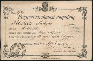 1862 Fegyvertarthatási / fegyvertartási engedély motovileci (muraszombati járás) elöljáró részére 72kr illetékbélyeggel / 1862 Gun licence for Motovilez village officer.
