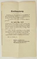 1851 Hirdetmény bankjegyek bevonása tárgyában. Bécs, kétnyelvű 50x38 cm / Announcement regarding the...