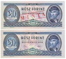 1975. 20Ft "C000 000613" sorozat és sorszámmal illetve piros "MINTA" felülnyomással és perforációval, nyomdai festékfoltokkal + 1975. 20Ft T:I / Hungary 1975. 20 Forint with "C000 000613" serial number and with red "MINTA(SPECIMEN)" overprint and perforation and typographical paint stains + 1975. 20 Forint  C:UNC  Adamo F16Ma,F16