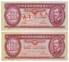 1975. 100Ft piros "MINTA" felülnyomással és perforációval illetve "B000 000236" sorszámmal, nyomdai festékfoltok + 1975. 100Ft nyomdai festékfoltok T:I / Hungary 1975. 100 Forint with "MINTA (SPECIMEN)" overprint / perforation and "B000 000236" serial number + 1975. 100 Forint typographical paint stains C:UNC  Adamo F33Ma,F33