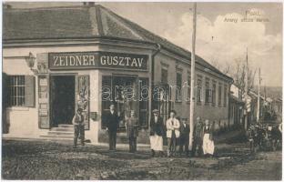 Piski, Simeria; Arany utca sarok, Zeidner Gusztáv üzlete. Adler fényirda Lupény / street view with shop