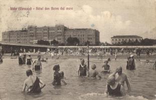 Venice, Venezia, Lido; Hotel des Bains dal mare. G. B. Garbisa / bathing people in the sea, beach life (fl)