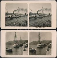cca 1906 Hajók és kikötők, 4 db vintage sztereófotó, mind feliratozva, 9x18 cm
