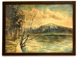 Halápy János (1893-1960): Folyópart 1955. Akvarell, papír, jelzett, üvegezett keretben, 48×68 cm