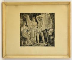 Szabó Vladimír (1905-1991): Öreg festő. Rézkarc, papír, jelzett, üvegezett keretben, 25×27 cm