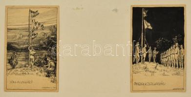 Légrády Sándor (1906-1987): 2 db képeslap terv 1922 (Cserkész). Tus, papír, jelzett, 13,5×8,5 (2×) cm