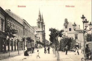 Komárom, Komárno; Nádor utca, Fektor György és Bernáth József üzlete, Szentháromság szobor. Czike Dénes kiadása / street view with shops, monument