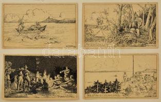 Légrády Sándor (1906-1987): 4 db képeslap terv 1922 (Cserkész). Tus, papír, jelzett, 8,5×13,5 (4×) cm