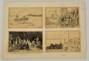 Légrády Sándor (1906-1987): 4 db képeslap terv 1922 (Cserkész). Tus, papír, jelzett, 8,5×13,5 (4×) c...