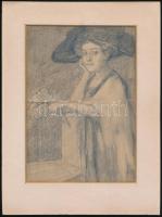 cca 1890 jelzés nélkül: Támaszkodó kalapos hölgy. Ceruza, papír, 18×13 cm