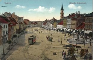 Sopron, Várkerület, Grabenrunde; faárusok , villamos, Lang Frigyes és Seidl Samu üzlete + Militärpflege K.u.k. Reservespital