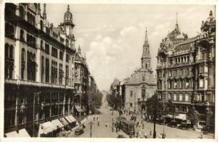 Budapest V. Apponyi tér a Kossuth Lajos utcával, villamos, automobilok, Steyr üzlete, Szénásy papírkereskedése, Sz. B. B. 956. (EK)