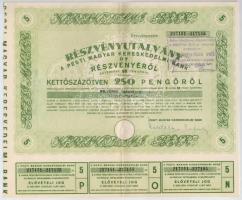 Budapest 1946. Pesti Magyar Kereskedelmi Bank részvényutalvány 5 részvényről egyben, összesen 250P-ről, szárazpecséttel, bélyegzéssel, szelvényekkel T:II,II-