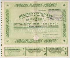 Budapest 1946. "Pesti Magyar Kereskedelmi Bank" részvényutalvány 5 részvényről egyben, összesen 250P-ről, szárazpecséttel, bélyegzéssel, szelvényekkel T:II,II-