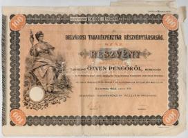 Budapest 1926. Belvárosi Takarékpénztár Részvénytársaság 100 részvénye egyben 5000P-ről, szárazpecséttel, bélyegzéssel és szelvényekkel, III. kibocsátás T:III- szakadások