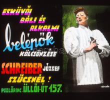 cca 1947 Fekete György (1904-1990) budapesti fényképész reklámgrafikái különféle szolgáltatásokról, termékekről, ezekről készített mozikban vetíthető üveglemez diapozitív képeket, az eladásra kínált tétel 13 db színezett üveglemezt tartalmaz, 4,5x6 cm
