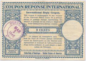 Amerikai Egyesült Államok 1946. 9c Nemzetközi válaszdíjszelvény vízejeles papíron, pecséttel T:III USA 1946. 9 Cents International Reply Coupon on watermarked paper, with stamp C:F