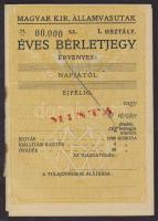 1930-as évek Magyar Királyi Államvasutak "Éves bérletjegy I.osztály" "000-ás Minta"