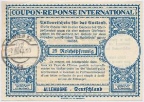 Németország 1943. 25pf "Nemzetközi válaszdíjszelvény" vízejeles papíron, pecséttel T:II- rozsda fo. Germany 1943. 25 Pfennig "International Reply Coupon" on watermarked paper, with stamp C:VF rust spot