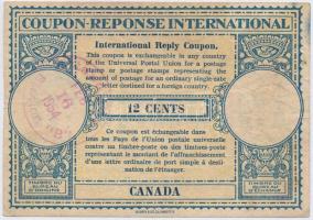 Kanada 1954. 12c Nemzetközi válaszdíjszelvény vízejeles papíron, pecséttel T:III Canada 1954. 12 Cents International Reply Coupon on watermarked paper, with stamp C:F