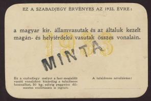 1933. Magyar Királyi Államvasutak "Szabadjegy I.osztály" "000-ás Minta"