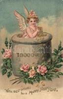 Happy New Year / New Year greeting card with angel, golden decorated Emb. litho (EK)