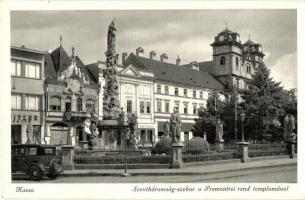 Kassa, Kosice; Szentháromság szobor a Premontrei rend templomával, Modern csőbútorkereskedés, Vitéz üzlete, automobil / Trinity statue, church, automobile, furniture shop (EK)