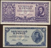 1946. 10.000.000B.-pengő + 100.000.000B.-pengő előlap bal szélén erős festéknyom T:II+ Saroktörés.