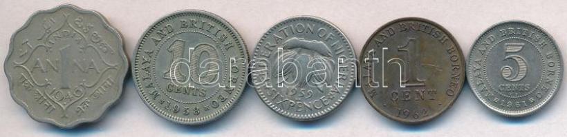 Vegyes 5db-os brit gyarmati érme tétel, közte Malaya és Borneó 1958. 10c + 1961. 5c + 1962. 2c + Ind...