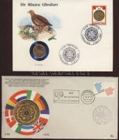 Érmés boríték tétel, 38db, egész világ, benne jobbak, PP, Gibraltár, Kína 2albumban