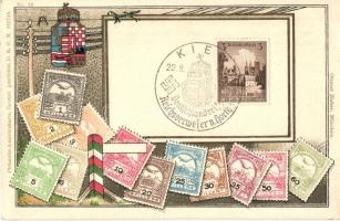 A Magyar kir. Posta bélyegei / Set of Hungarian stamps, coat of arms, Ottmar Ziehers Philatelie Ansichtskarte Nr. 16. litho + 1938 Reichsverweser von Horthy So. Stpl (Rb)