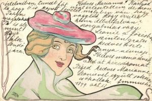 1899 Lady in hat, A. Sockl Serie VII. Sirenen und Circen Nr. 88. Art Nouveau litho s: Carl Józsa (Rb)