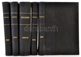 1930-1934 Századok folyóírat 5 kötete. Szerk.: Dr. Domanovszky Sándor. LXIII-LXVIII évfolyamok. Bp., Magyar Történelmi Társulat. Átkötött félvászon-kötés, az egyik kötése sérült, az egyik címlapja hiányzik.