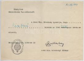 1944 Budapest, svéd követségi igazolás Provisorpass birtoklásáról, Raoul Wallenberg bélyegzett aláír...