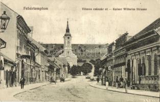 Fehértemplom, Ung. Weisskirchen, Bela Crkva; Vilmos császár út templommal. Hepke Berthold kiadása / Kaiser Wilhelm Strasse / street view with church (EK)