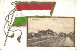 Pragersko, Pragerhof; Bahnhof. Verlag Amalie Churfürst / railway station. Hungarian flag, golden Emb. litho (worn)