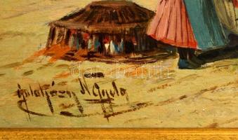 Gutaházy Németh Gyula (1892-1959): Ébédelő lovak a vásáron. Olaj, karton, jelzett, keretben,19×32 cm