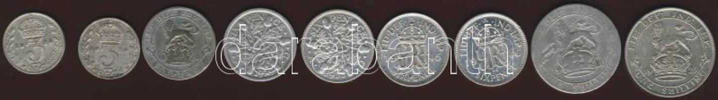 Nagy-Britannia kis Ag tétel 3p Ag 1920 (2x), 6p Ag 1924,1929,1933,1945,1946, 1Sh Ag 1920,1921 T:2/3,3,3/4