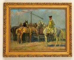 Kolozsváry Kamilló (1936 - 2008): Csíkós a méneskútnál. Olaj, farost, jelzett, keretben, 34×42 cm