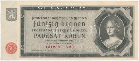 Német Harmadik Birodalom / Cseh-Morva Protektorátus 1940. 50K "SPECIMEN" perforációval T:II  German Third Reich / Protectorate of Bohemia and Moravia 1940. 50 Korun with "SPECIMEN" perforation C:XF  Krause 5