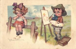 4 db RÉGI olasz művészlap Castelli aláírásával, gyerekek / 4 pre-1945 Italian art deco postcards wit...