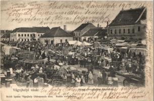 Vágújhely, Nové Mesto nad Váhom, Waag-Neustadtl; vásár, takarékpénztár, népbank. Brück Ignác kiadása / market, savings bank (r)