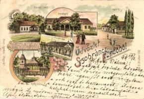 1899 Szobránc-fürdő, Sobrance; Orvos lak, vendéglő, fürdőház, gyógykút, kastély. Klein Ignác kiadása / doctor's house, castle, restaurant, spa, well. W. G. 132. floral, Art Nouveau litho (EK)