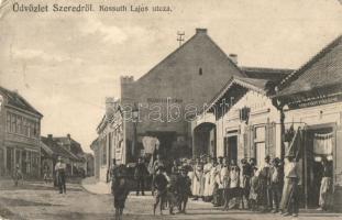 Szered, Sered; Kossuth Lajos utca, Steinerwald (?) vegyeskereskedése, Weinberger Simon üzlete és saját kiadása, hentesek csoportképe / street view with shops, butchers (EK)