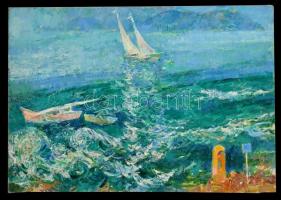 Gulyás Dénes (1927-2003): Vitorlások Balatonföldvárnál (1978-1984). Olaj, farost, duplán jelzett, 70×100 cm