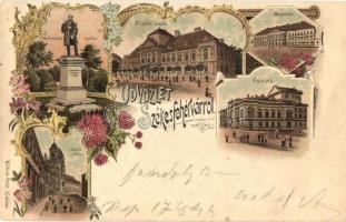 1898 Székesfehérvár, Vörösmarty szobor, püspöki palota, megyeház, színház, Nádor utca, Köhler Péter kiadása, floral Art Nouveau litho (EK)